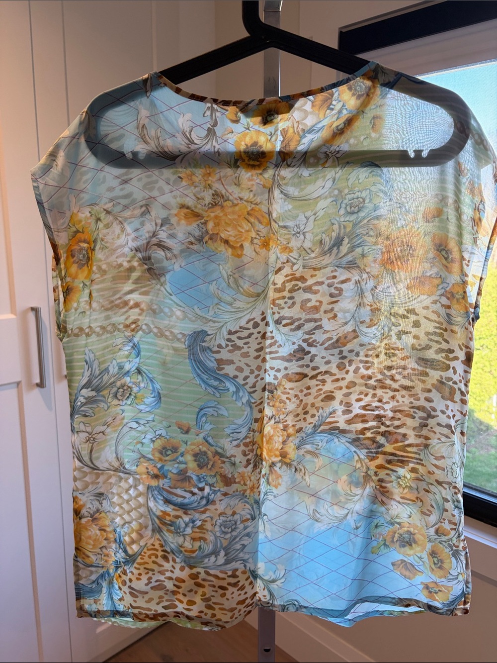 Mario Serrani Sheer Floral & Abstract Print Blouse in Yellow and Blue - Picture 6 of 6